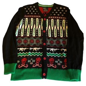 Gun & Bullet print ugly Christmas sweater cardigan new with tags size small